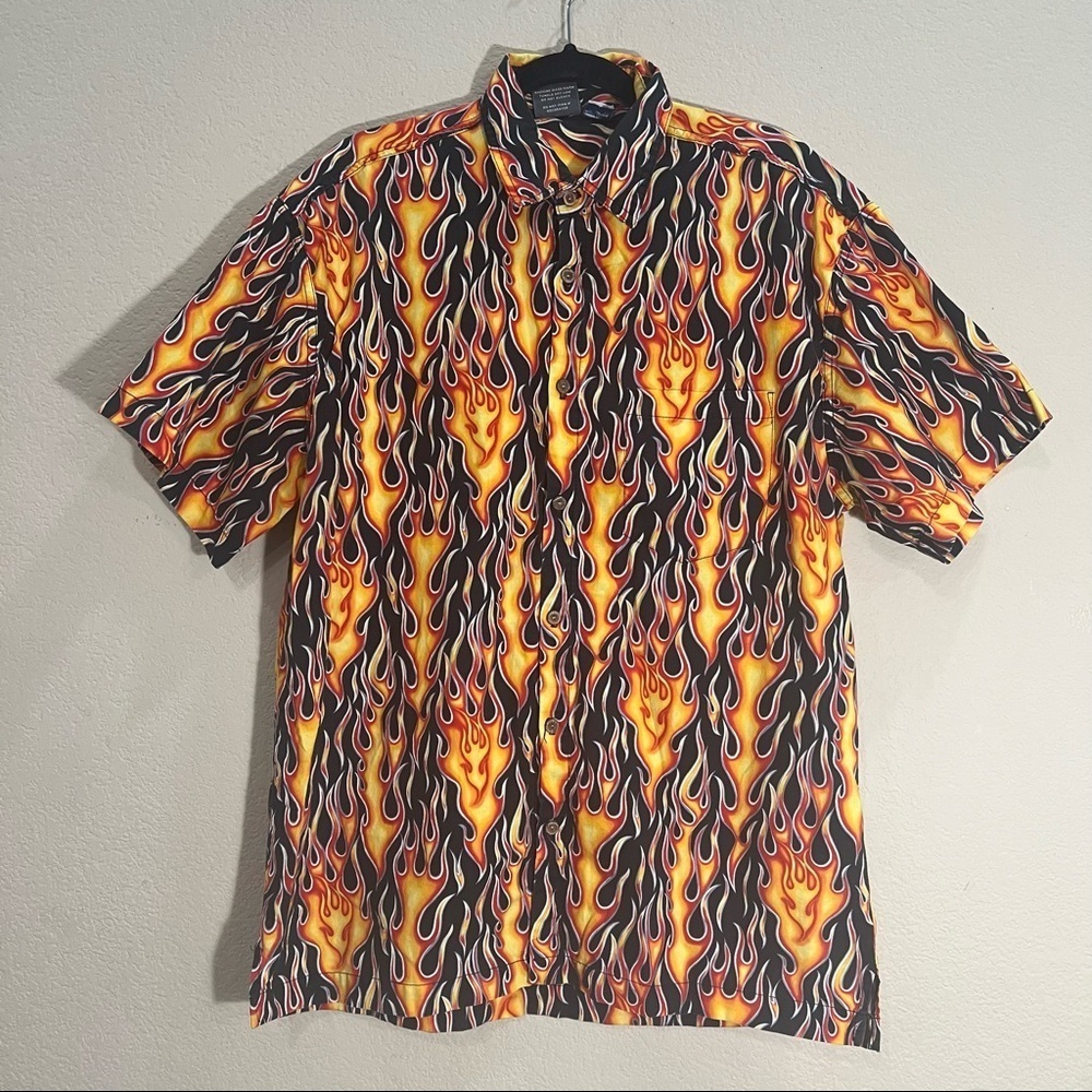 VTG High Seas Trading Co Mens Flame Button Down Shirt Sz L Street Retro Funky